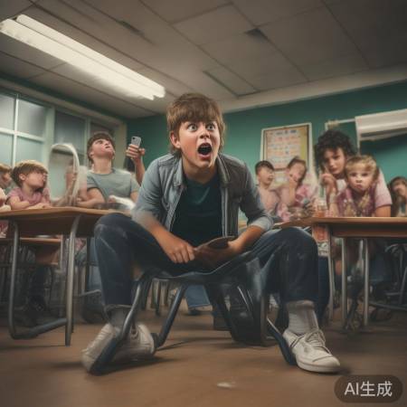 “男孩头卡凳子，安全警示”